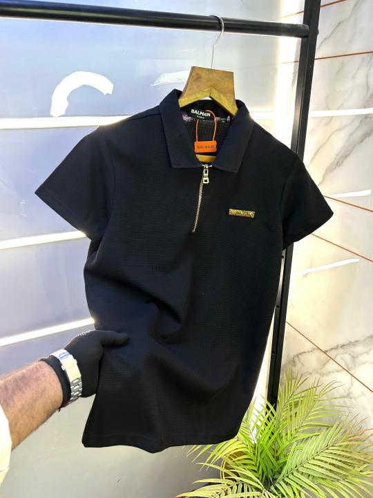 Balmai n Paris Logo Black Imported Collar Neck T-shirt With Brand Box Packing F1989-BL