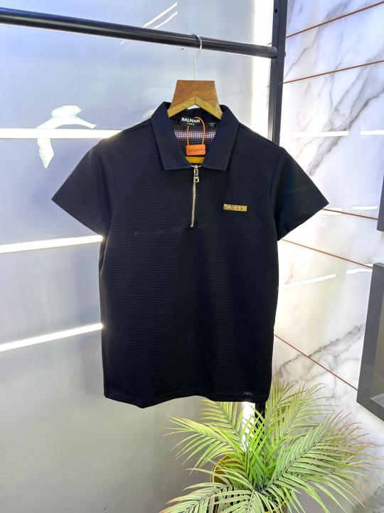 Balmai n Paris Logo Black Imported Collar Neck T-shirt With Brand Box Packing F1989-BL