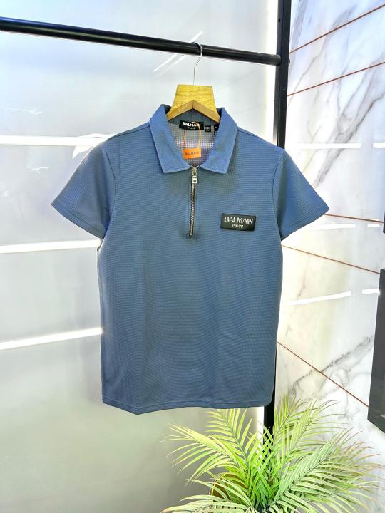 Balmai n Paris Logo Blue Imported Collar Neck T-shirt With Brand Box Packing F1989-BU