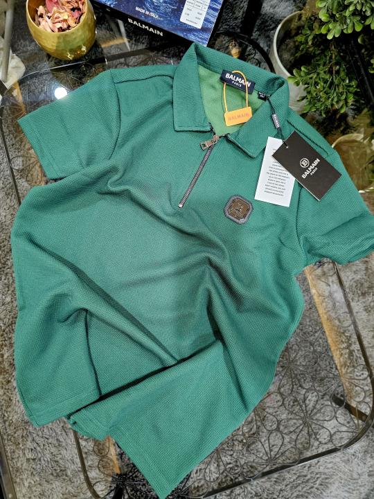Balmai n Paris Logo Green Imported Collar Neck T-shirt With Brand Box Packing F1989-GR