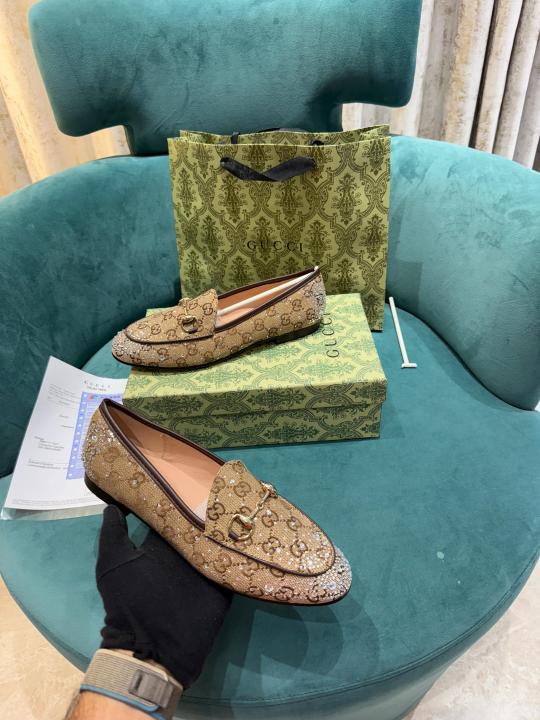 Gucci Womens Jordaan Loafers Wid OG Box & Carry Bag Khakhi Crystal