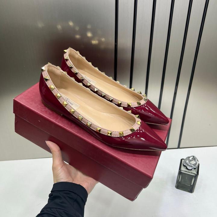 Valentino Rockstud Ballet Flat With OG Box Carry Bag Wine VH588-2