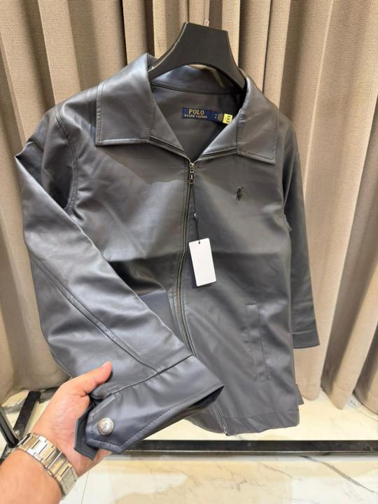 Ralph_Lauren Chest Logo Leather Jacket Stone Grey