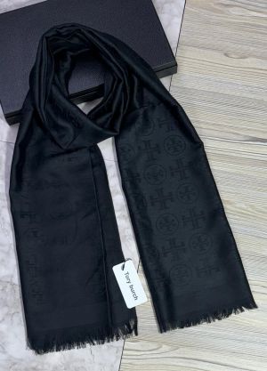 Tory Burch Black Tonal Logo Monogram Elegant Design Pashmina Scarf With Box Polythene